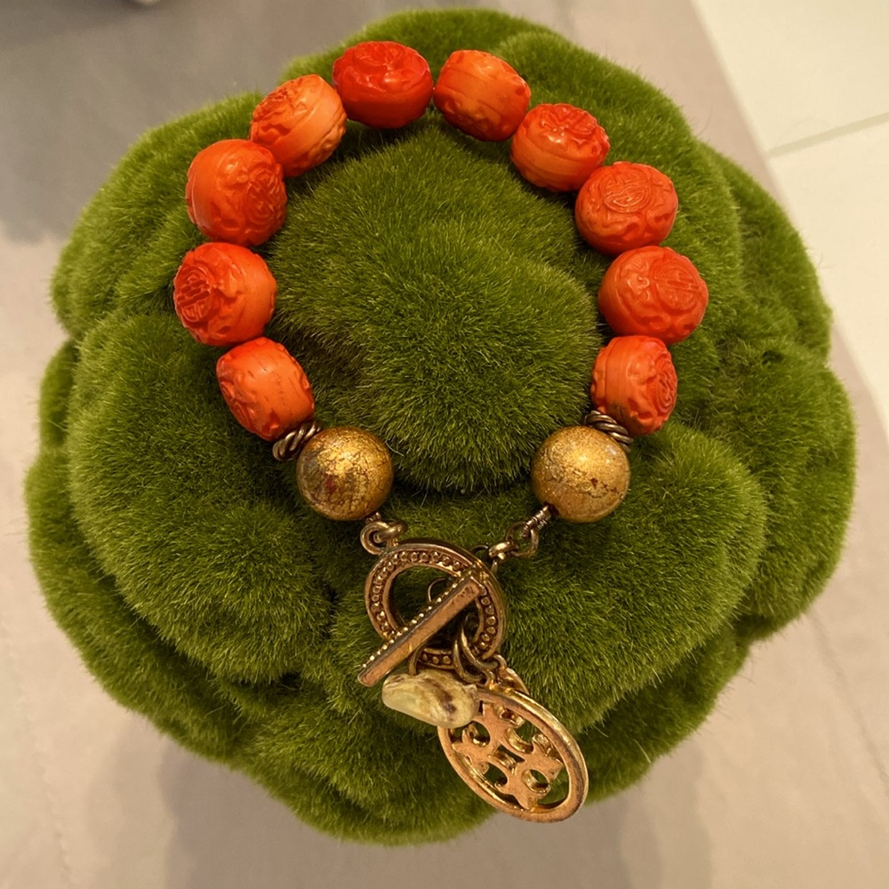 Gold tone and Red Carved Beads Bracelet